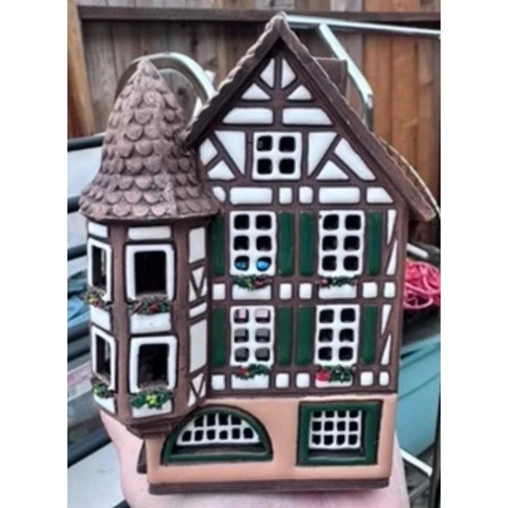 Vintage Lithuania Handmade Clay Village House Tealight Candle Holder‎
